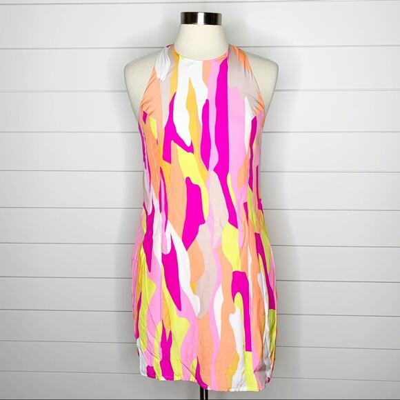 Britt Ryan Dresses & Skirts - Britt Ryan Abstract Printed Silk Racerback Mini Dress Pink Yellow Small